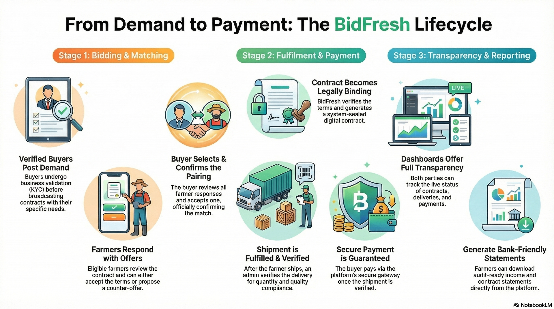 From Demand to Payment: The BidFresh Lifecycle - showing the 3 stages: Bidding & Matching, Fulfilment & Payment, and Transparency & Reporting
